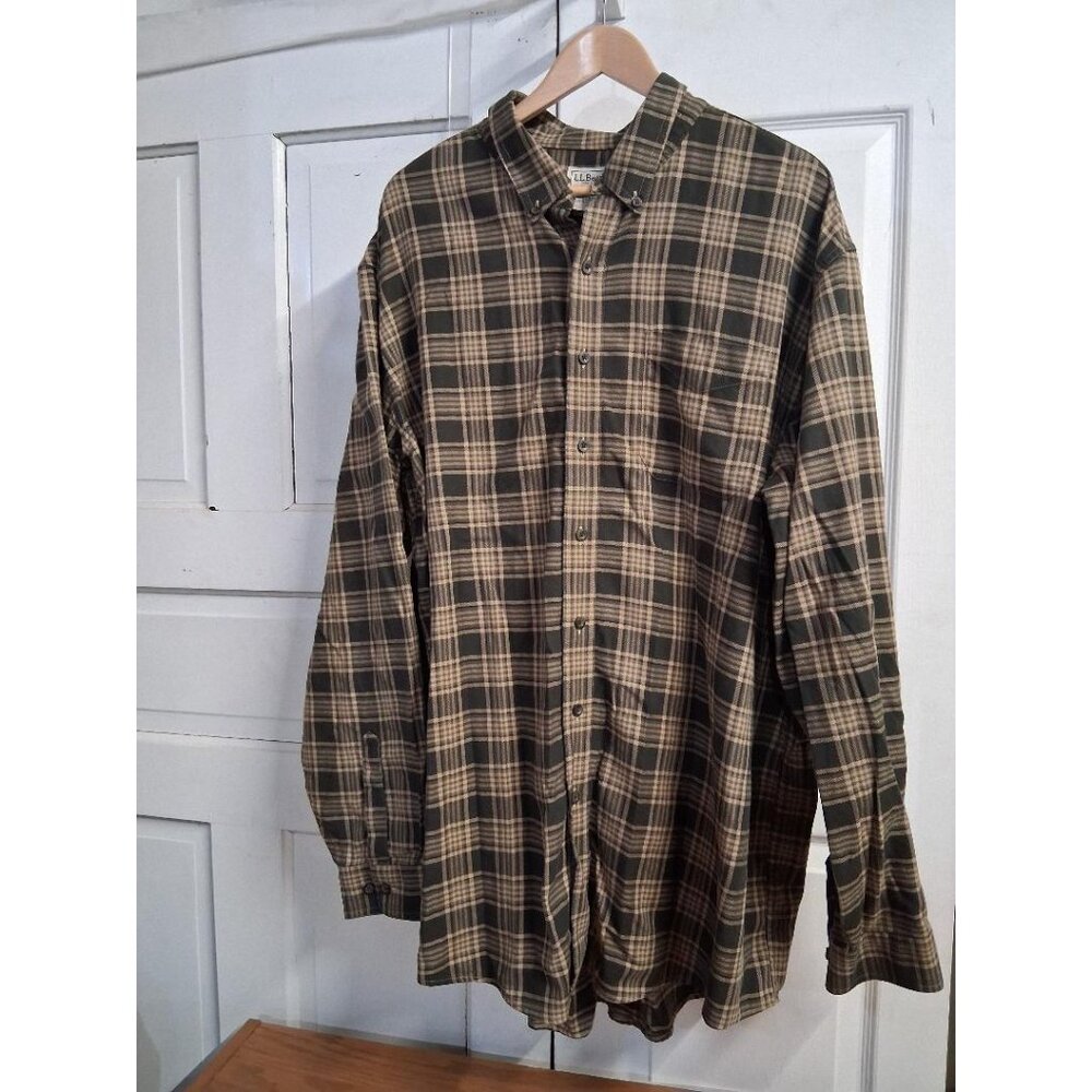 L.L.Bean Mens XXL-Tall Green & Beige Plaid Button-Up Long Sleeve Shirt 100% Cott
